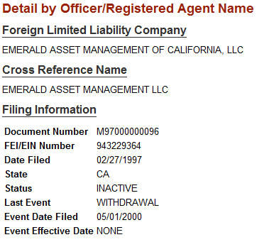 EMERALD ASSET MANAGEMENT OF CALIFORNIA, LLC. 943229364 INACTIVE/WITHDRAWAL 690 INDUSTRIAL ROAD SAN CARLOS CA 94070.  OTUS, R. NURI 690 INDUSTRIAL ROAD SAN CARLOS CA 94070